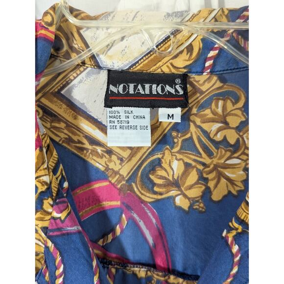 Notations Medium Silk Button Up Blue w/Gold Rope & Frames, Pink Ribbon VTG 80's - Picture 2 of 9